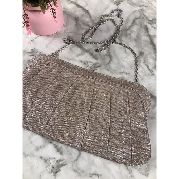 Jessica McClintock Sparkle Ring Clutch Chain Bow Evening Purse Classy 7"x13" - Picture 4 of 7